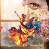 Dancing Lady Acrylic Suncatcher, Vibrant Red and Blue Flowing Dress Window Hanging, Elegant Art Nouveau Acrylic Home Decor Gift